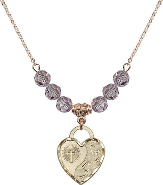 18" Hamilton Gold Plated Necklace with 4mm Light Amethyst Crystal Beads featuring a 14kt Gold Filled Footprints Heart Medal. Engraved Catholic Saint Jewelry