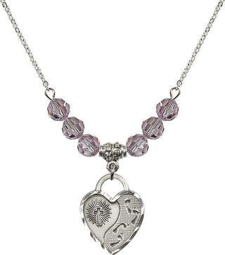 18" Rhodium Plated Necklace with 4mm Light Amethyst Crystal Beads featuring a Sterling Silver Footprints Heart Medal. Engraved Catholic Saint Jewelry