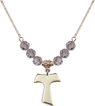 18" Hamilton Gold Plated Necklace with 4mm Light Amethyst Crystal Beads featuring a 14kt Gold Filled Tau Cross Medal.