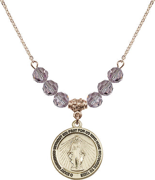 18" Hamilton Gold Plated Necklace with 4mm Light Amethyst Crystal Beads featuring a 14kt Gold Filled Miraculous Medal.