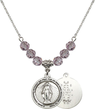 18" Rhodium Plated Necklace with 4mm Light Amethyst Crystal Beads featuring a Sterling Silver Miraculous Medal.