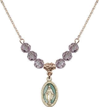 18" Hamilton Gold Plated Necklace with 4mm Light Amethyst Crystal Beads featuring a 14kt Gold Filled Miraculous Medal.