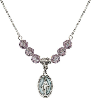18" Rhodium Plated Necklace with 4mm Light Amethyst Crystal Beads featuring a Sterling Silver Miraculous Medal.