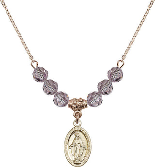 18" Hamilton Gold Plated Necklace with 4mm Light Amethyst Crystal Beads featuring a 14kt Gold Filled Miraculous Medal.