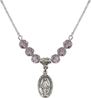 18" Rhodium Plated Necklace with 4mm Light Amethyst Crystal Beads featuring a Sterling Silver Miraculous Medal.