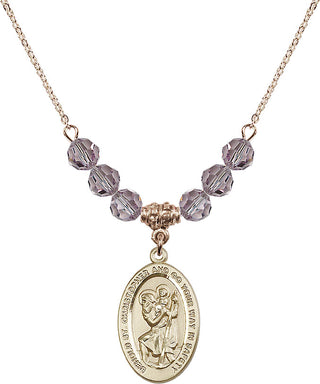 18" Hamilton Gold Plated Necklace with 4mm Light Amethyst Crystal Beads featuring a 14kt Gold Filled Saint Christopher Medal. Engraved Catholic Saint Jewelry