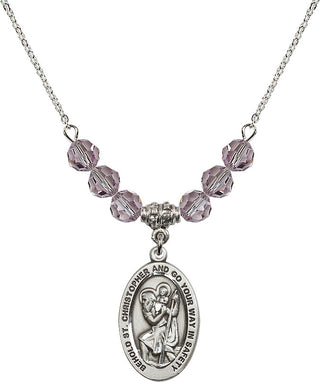 18" Rhodium Plated Necklace with 4mm Light Amethyst Crystal Beads featuring a Sterling Silver Saint Christopher Medal. Engraved Catholic Saint Jewelry