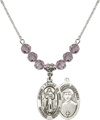 18" Rhodium Plated Necklace with 4mm Light Amethyst Crystal Beads featuring a Sterling Silver Divine Mercy Medal.