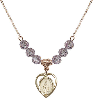 18" Hamilton Gold Plated Necklace with 4mm Light Amethyst Crystal Beads featuring a 14kt Gold Filled Miraculous Medal.