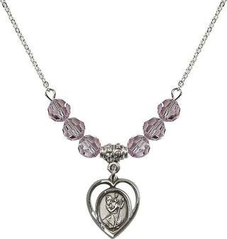 18" Rhodium Plated Necklace with 4mm Light Amethyst Crystal Beads featuring a Sterling Silver Saint Christopher Medal.