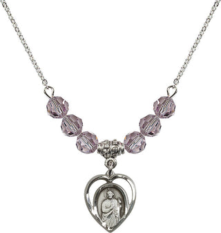 18" Rhodium Plated Necklace with 4mm Light Amethyst Crystal Beads featuring a Sterling Silver Saint Jude Medal.