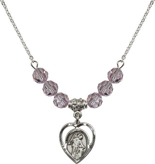 18" Rhodium Plated Necklace with 4mm Light Amethyst Crystal Beads featuring a Sterling Silver Guardian Angel Medal.