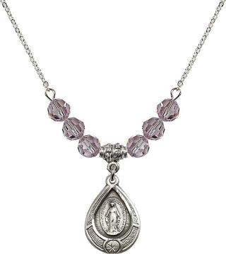 18" Rhodium Plated Necklace with 4mm Light Amethyst Crystal Beads featuring a Sterling Silver Miraculous Medal.