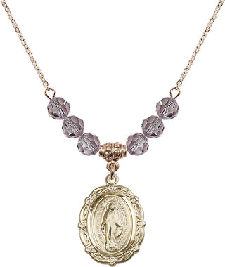 18" Hamilton Gold Plated Necklace with 4mm Light Amethyst Crystal Beads featuring a 14kt Gold Filled Miraculous Medal.