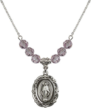 18" Rhodium Plated Necklace with 4mm Light Amethyst Crystal Beads featuring a Sterling Silver Miraculous Medal.