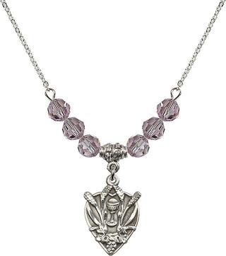 18" Rhodium Plated Necklace with 4mm Light Amethyst Crystal Beads featuring a Sterling Silver Communion Medal.