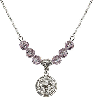 18" Rhodium Plated Necklace with 4mm Light Amethyst Crystal Beads featuring a Sterling Silver Communion Chalice Medal.