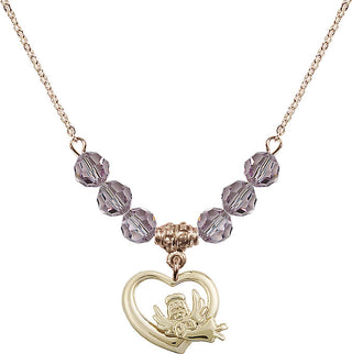 18" Hamilton Gold Plated Necklace with 4mm Light Amethyst Crystal Beads featuring a 14kt Gold Filled Heart / Guardian Angel Medal.