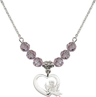 18" Rhodium Plated Necklace with 4mm Light Amethyst Crystal Beads featuring a Sterling Silver Heart / Guardian Angel Medal.
