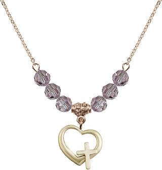 18" Hamilton Gold Plated Necklace with 4mm Light Amethyst Crystal Beads featuring a 14kt Gold Filled Heart / Cross Medal.
