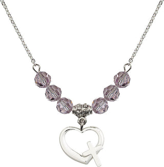 18" Rhodium Plated Necklace with 4mm Light Amethyst Crystal Beads featuring a Sterling Silver Heart / Cross Medal.