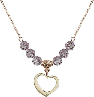 18" Hamilton Gold Plated Necklace with 4mm Light Amethyst Crystal Beads featuring a 14kt Gold Filled Heart Medal.