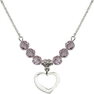 18" Rhodium Plated Necklace with 4mm Light Amethyst Crystal Beads featuring a Sterling Silver Heart Medal.