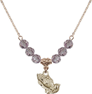 18" Hamilton Gold Plated Necklace with 4mm Light Amethyst Crystal Beads featuring a 14kt Gold Filled Praying Hands Medal.