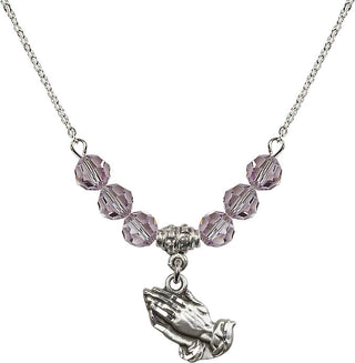 18" Rhodium Plated Necklace with 4mm Light Amethyst Crystal Beads featuring a Sterling Silver Praying Hands Medal.