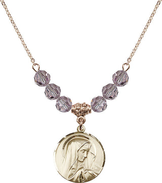 18" Hamilton Gold Plated Necklace with 4mm Light Amethyst Crystal Beads featuring a 14kt Gold Filled Sorrowful Mother Medal.