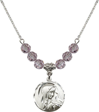 18" Rhodium Plated Necklace with 4mm Light Amethyst Crystal Beads featuring a Sterling Silver Sorrowful Mother Medal.
