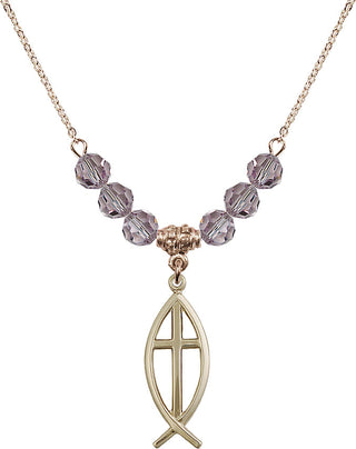 18" Hamilton Gold Plated Necklace with 4mm Light Amethyst Crystal Beads featuring a 14kt Gold Filled Fish / Cross Medal.