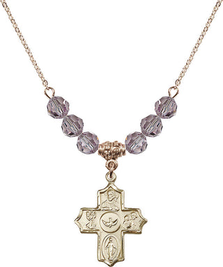 18" Hamilton Gold Plated Necklace with 4mm Light Amethyst Crystal Beads featuring a 14kt Gold Filled 5-Way Medal.