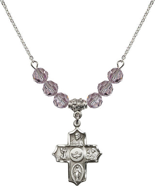 18" Rhodium Plated Necklace with 4mm Light Amethyst Crystal Beads featuring a Sterling Silver 5-Way Medal.