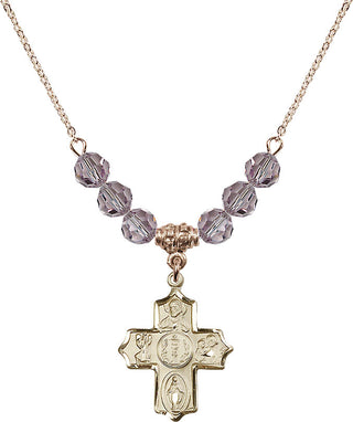 18" Hamilton Gold Plated Necklace with 4mm Light Amethyst Crystal Beads featuring a 14kt Gold Filled 4-Way Medal.