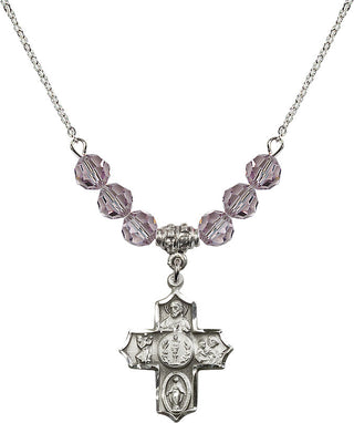 18" Rhodium Plated Necklace with 4mm Light Amethyst Crystal Beads featuring a Sterling Silver 4-Way Medal.