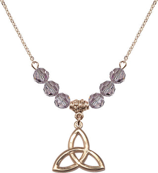 18" Hamilton Gold Plated Necklace with 4mm Light Amethyst Crystal Beads featuring a 14kt Gold Filled Trinity Irish Knot Medal.