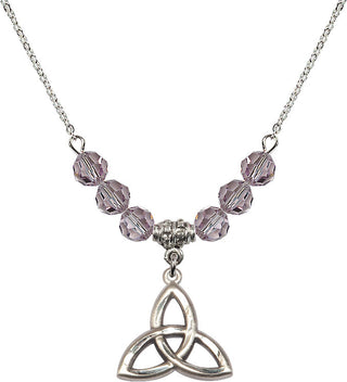 18" Rhodium Plated Necklace with 4mm Light Amethyst Crystal Beads featuring a Sterling Silver Trinity Irish Knot Medal.