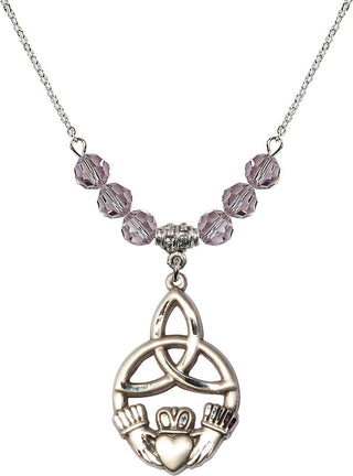 18" Rhodium Plated Necklace with 4mm Light Amethyst Crystal Beads featuring a Sterling Silver Irish Knot / Claddagh Medal.