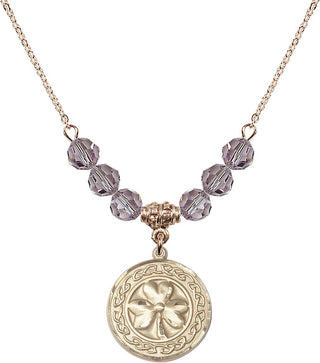18" Hamilton Gold Plated Necklace with 4mm Light Amethyst Crystal Beads featuring a 14kt Gold Filled Shamrock with Celtic Border Medal.
