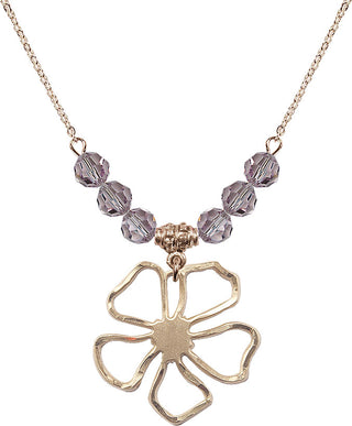 18" Hamilton Gold Plated Necklace with 4mm Light Amethyst Crystal Beads featuring a 14kt Gold Filled Five Pedal Flower Medal.