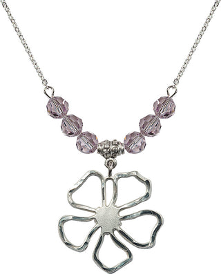 18" Rhodium Plated Necklace with 4mm Light Amethyst Crystal Beads featuring a Sterling Silver Five Pedal Flower Medal.