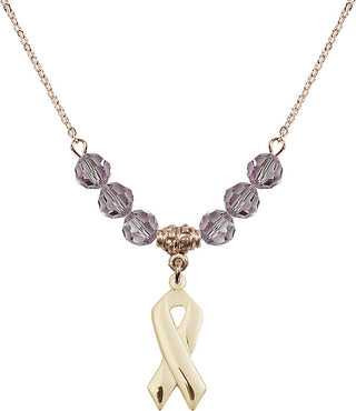 18" Hamilton Gold Plated Necklace with 4mm Light Amethyst Crystal Beads featuring a 14kt Gold Filled Cancer Awareness Medal.