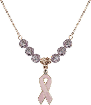 18" Hamilton Gold Plated Necklace with 4mm Light Amethyst Crystal Beads featuring a 14kt Gold Filled Cancer Awareness Medal.