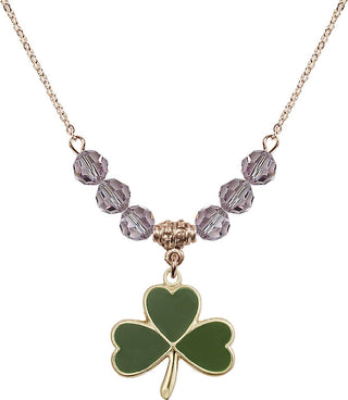 18" Hamilton Gold Plated Necklace with 4mm Light Amethyst Crystal Beads featuring a 14kt Gold Filled Shamrock Medal.