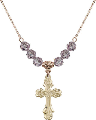 18" Hamilton Gold Plated Necklace with 4mm Light Amethyst Crystal Beads featuring a 14kt Gold Filled Cross Medal.