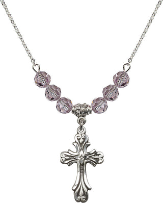 18" Rhodium Plated Necklace with 4mm Light Amethyst Crystal Beads featuring a Sterling Silver Cross Medal.
