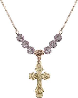 18" Hamilton Gold Plated Necklace with 4mm Light Amethyst Crystal Beads featuring a 14kt Gold Filled Crucifix Medal.