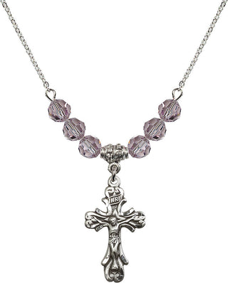 18" Rhodium Plated Necklace with 4mm Light Amethyst Crystal Beads featuring a Sterling Silver Crucifix Medal.
