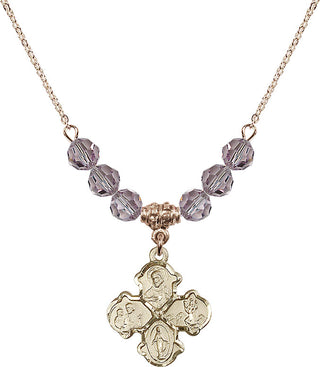 18" Hamilton Gold Plated Necklace with 4mm Light Amethyst Crystal Beads featuring a 14kt Gold Filled 4-Way Medal.